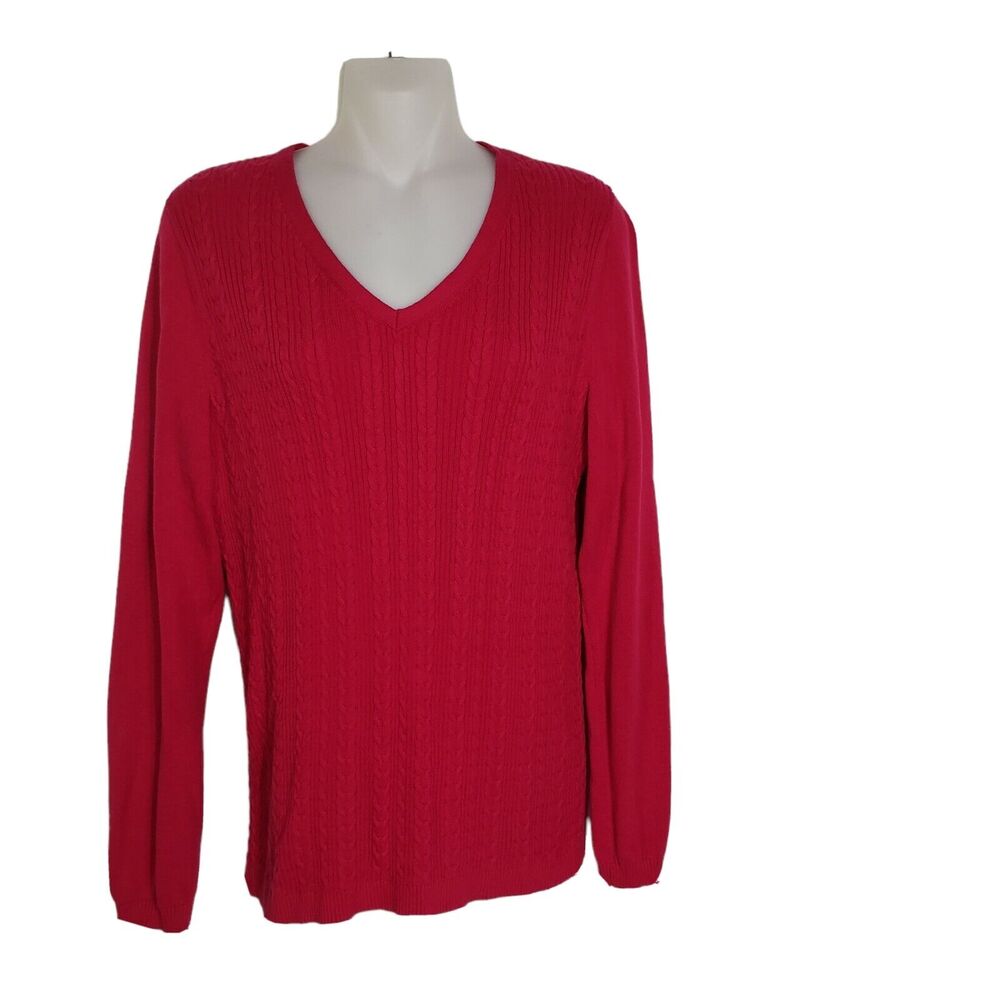 Talbots Womens Sweater Medium Pink Long Sleeve Cable Knit V Neck 100% Cotton